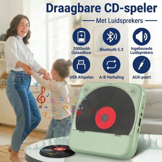 Groene ultradunne draagbare Bluetooth cd-speler met USB-C snellaadfunctie, ondersteunt MP3 en WMA audioformaten, geschikt voor thuis en tijdens reizen