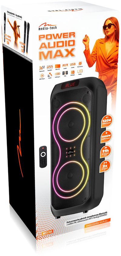 Grote Bluetooth-luidspreker, 120 W RMS/1400 W PMPO, twee 8"-luidsprekers, equalizer, karaokefunctie, MP3/microSD-kaarten, USB, AUX, BT 5.3+EDR, display, LED, ingebouwde accu, afstandsbediening, MT3185 van Merkloos