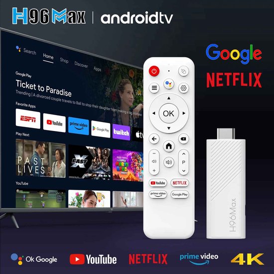 H96 H313 Android TV Stick 4K – Android 14 – 2GB RAM 16GB – Smart TV Dongle HDMI – Google ATV UI – Voice Remote – WiFi Streaming Stick van Merkloos