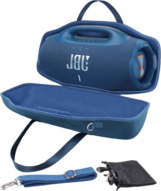 Hard Travel Case met Mini Accessoire Pouch en Schouderband voor Draagbare Bluetooth Speakers, Blauw, Geschikt voor JBL Boombox 3, 2 en 4, Modern Ontwerp en Bescherming