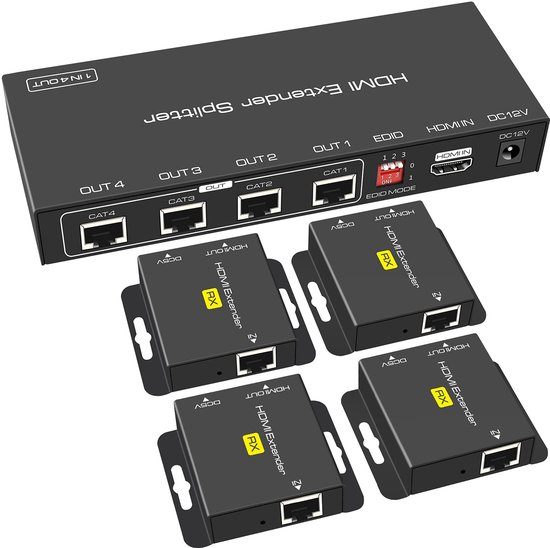 HDMI Splitter Extender 1 in 4 Out 50m (165ft), Over Cat5e/6/7 Ethernet Zender HDMI Ontvanger Ondersteuning EDID 1080p POC Voorinstellingen (Alleen nodig TX voeding voor werk)