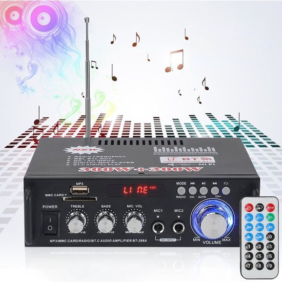 HiFi stereo audioversterker - 600W Bluetooth mini-versterker - Met basversterking, USB, MP3, FM-radio - Geschikt voor auto's en thuisgebruik - Kaart-/USB-ingang - 12V/220V Bluetooth thuisversterker - Stereo versterker