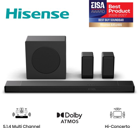 Hisense AX5140Q – Soundbar met draadloze subwoofer en draadloze surround speakers - 5.1.4 kanalen – 600W – Dolby Atmos