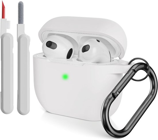 Hoes compatibel met Airpods 3 met Cleaner kit, premium zachte siliconen beschermhoes schokdempende beschermhoes voor Airpods 3e generatie met karabijnhaak, wit