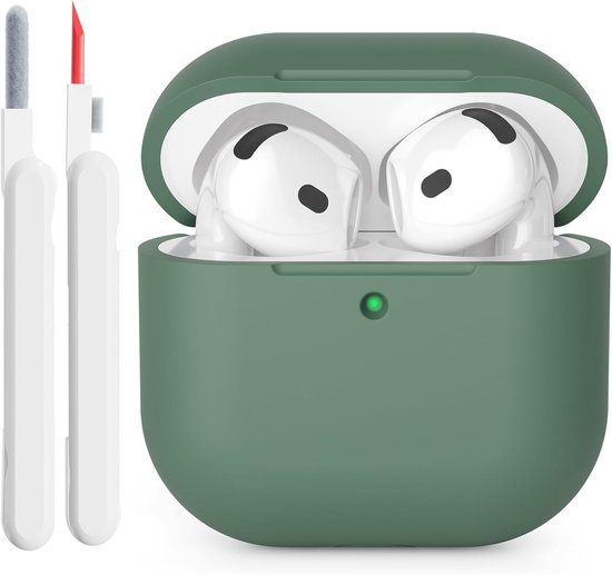 Hoes compatibel met AirPods 4 2024, LED aan de voorkant, zachte siliconen volledige bescherming, schokbestendig hoesje voor AirPods 4e generatie met reinigingsset, diepgroen