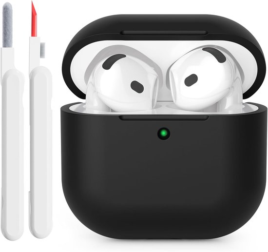 hoes, compatibel met Airpods 4 2024, led aan de voorkant, zichtbaar, zachte siliconen volledige bescherming, schokbestendig hoesje voor AirPods 4e generatie met reinigingsset, zwart