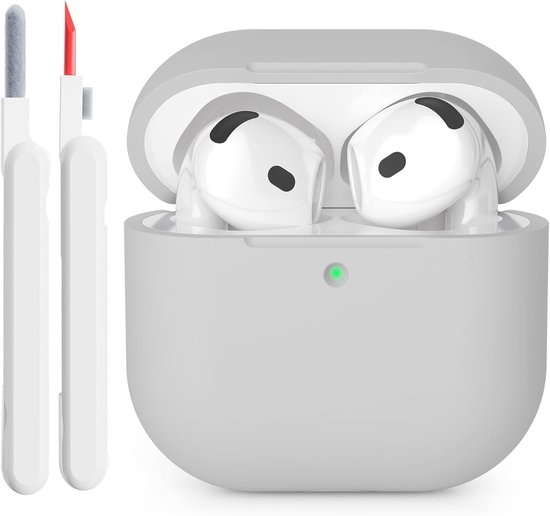 Hoes compatibel met AirPods 4 2024, zichtbare led aan de voorkant, schokbestendige zachte siliconen beschermhoes voor AirPods 4e generatie, met reinigingsset, grijs