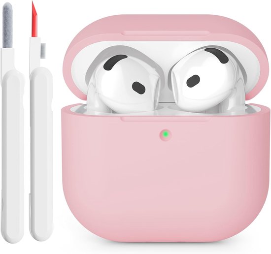 hoes compatibel met Airpods 4 2024, zichtbare led aan de voorkant, schokbestendige zachte siliconen beschermhoes voor AirPods 4e generatie, met reinigingsset, roze