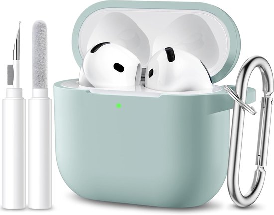 Hoes compatibel met AirPods 4 hoes Case 2024, zachte siliconen volledige beschermhoes voor Apple AirPods 4e generatie, hoes met reinigingskit en sleutelhanger [led zichtbaar], blauwgroen
