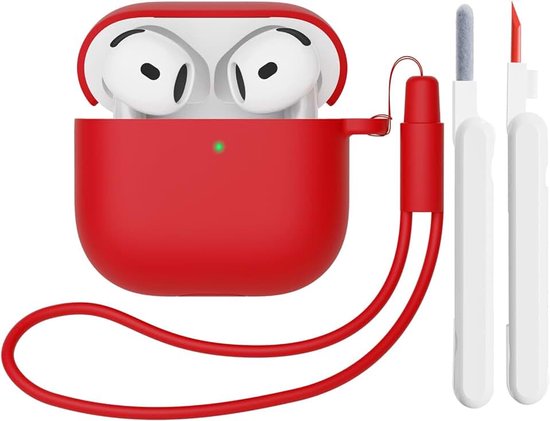 Hoes Compatibel met AirPods 4th Generation hoes (2024) met reinigingsset, Beschermend Siliconen hoesje voor Airpods 4, LED vooraan zichtbaar (Rood)