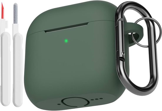 Hoes compatibel voor AirPods 4e generatie met reinigingsset, zachte siliconen full body schokabsorberende beschermhoes voor Airpods 4 2024 met reinigingspen en karabijnhaak, diepgroen