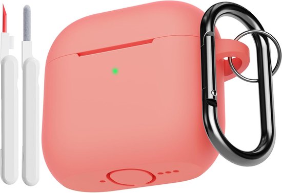 Hoes compatibel voor AirPods 4e generatie met reinigingsset, zachte siliconen full body schokabsorberende beschermhoes voor Airpods 4 2024 met reinigingspen en karabijnhaak, koraaloranje