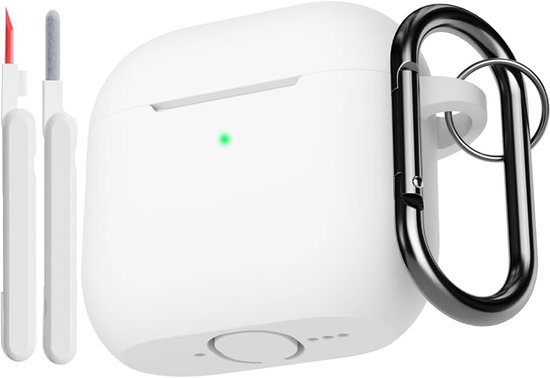 Hoes compatibel voor AirPods 4e generatie met reinigingsset, zachte siliconen full body schokabsorberende beschermhoes voor Airpods 4 2024 met reinigingspen en karabijnhaak, wit
