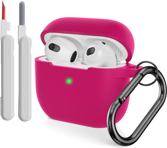 Hoes Hoesje Compatibel met Airpods 3 met Schoonmaakset, Premium Zachte Siliconen Skin Hoes Hoesje Schokabsorberende Beschermhoes voor Airpods 3e Generatie met Karabijnhaak, Watermeloenrood