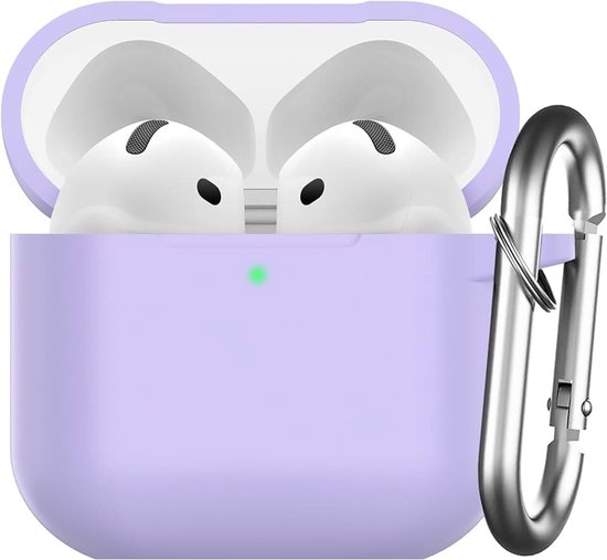 Hoes voor AirPods 4 2024, beschermend siliconen Case voor AirPods 4th 2024 Skin Front LED zichtbaar siliconen cover met karabijnhaak, Lavendel