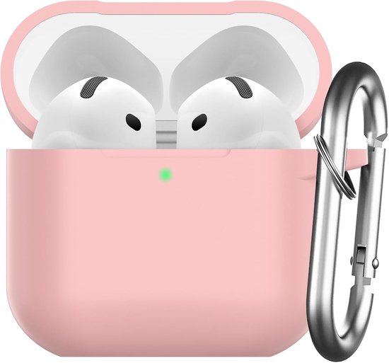 Hoes voor AirPods 4 2024, beschermende siliconen Case voor AirPods 4e 2024 Skin Front LED zichtbare siliconen cover met karabijnhaak, Roze