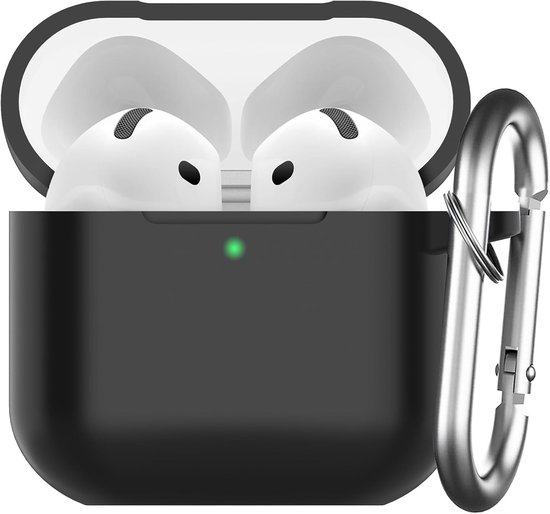 hoes voor AirPods 4 2024, beschermende siliconen Case voor AirPods 4e 2024 Skin Front LED zichtbare siliconen cover met karabijnhaak, Zwart