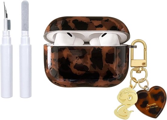 Hoes voor AirPods 4, hoes met reinigingsset, schattig zwart bruin luipaardpatroon, amber, schildpad, esthetisch design, schokbestendige liefdessleutelhanger, afdekking voor meisjes en vrouwen