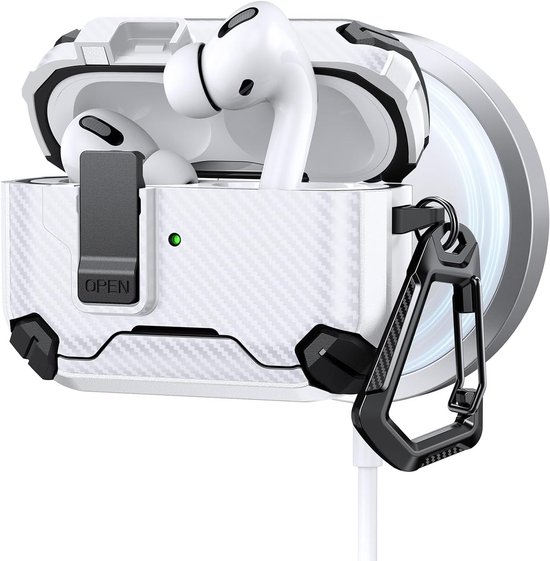 Hoes voor AirPods Pro 2 (2023/2022/2019), beschermhoes voor AirPods Pro 2e/1e generatie (USB-C/Lightning), stootvaste TPU + PC case met karabijnhaak, wit