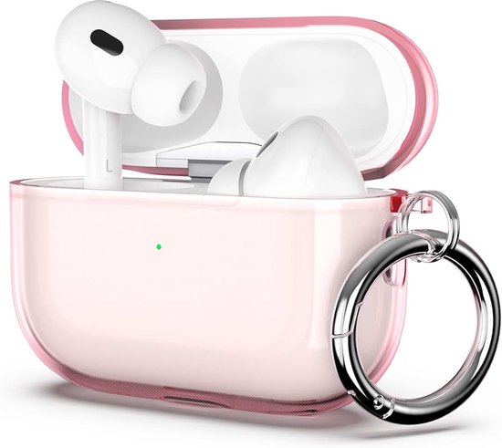 Hoes voor AirPods Pro 2e/1e generatie, transparant, schokbestendig, met karabijnhaak, transparante oplaadhoes voor Apple AirPods Pro 2023/2022/2019 (led zichtbaar aan de voorkant), roze