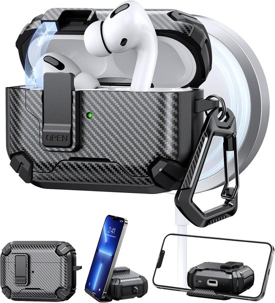 Hoes voor AirPods Pro 3 (2025), beschermhoes cover voor AirPods Pro 3e generatie (USB-C), compatibel met MagSafe, stootvaste TPU + PC case met karabijnhaak, zwart