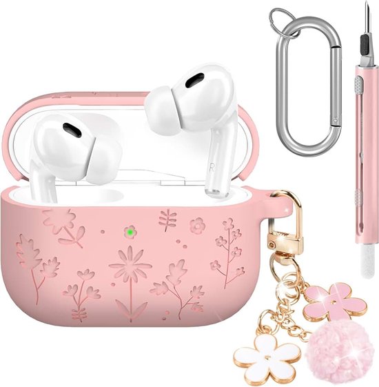 Hoes voor AirPods Pro 3 (2025) met kersenbloesem sleutelhanger en reinigingsset, zachte siliconen beschermhoes, stootvast, met bloemengravure, case cover voor AirPods Pro 3 (2025), roze