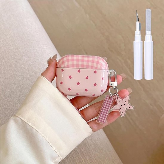 Hoes voor AirPods Pro 3 (2025) met reinigingsset, retro ruitpatroon hoes met ster sleutelhanger, beschermhoes van zacht TPU voor AirPods Pro 3 - roze geruit