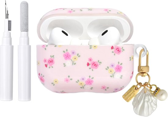 Hoes voor AirPods Pro 3 met Reinigingsset, Schattig Bloemendesign met Elegante Bloemen, Zachte TPU Beschermhoes voor Meisjes en Vrouwen, Compatibel met AirPods Pro 3e Generatie – Roze