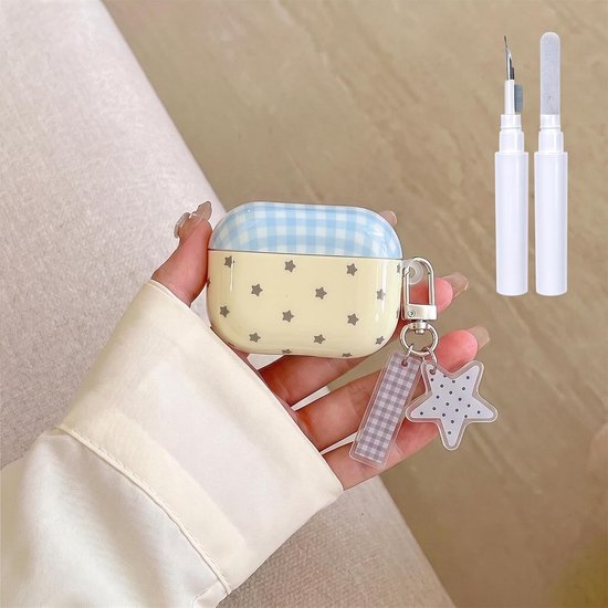 Hoes voor AirPods Pro 3 met reinigingsset, schattig retro ruitpatroon, esthetisch met ster sleutelhanger, zachte TPU stootvaste hoes voor AirPods 3 Pro, beige blauw ruitpatroon