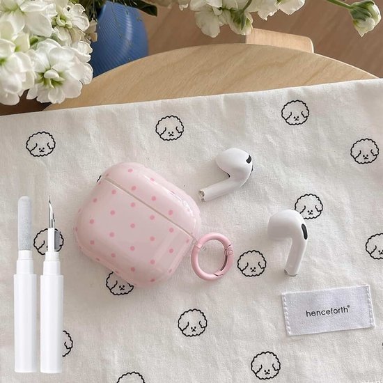 Hoes voor AirPods Pro 3 met reinigingsset, schattige polkadot-print, golfpunt, esthetisch design beschermhoes, krasbestendige sleutelhanger, zachte hoofdtelefoon hoesje - lichtroze