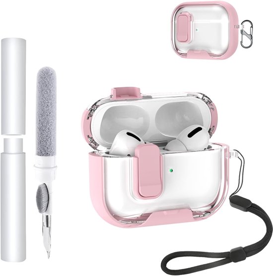 Hoes voor AirPods Pro 3/Pro3 oordopjes, zachte TPU + PC transparante cover, met beugelfunctie, waterdicht, schokbestendig, eenvoudig te dragen, met koord, sleutelhanger en reinigingsset, roze
