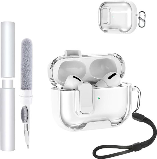 Hoes voor AirPods Pro 3/Pro3 oordopjes, zachte TPU + PC transparante cover, met beugelfunctie, waterdicht, schokbestendig, eenvoudig te dragen, met koord, sleutelhanger en reinigingsset, wit