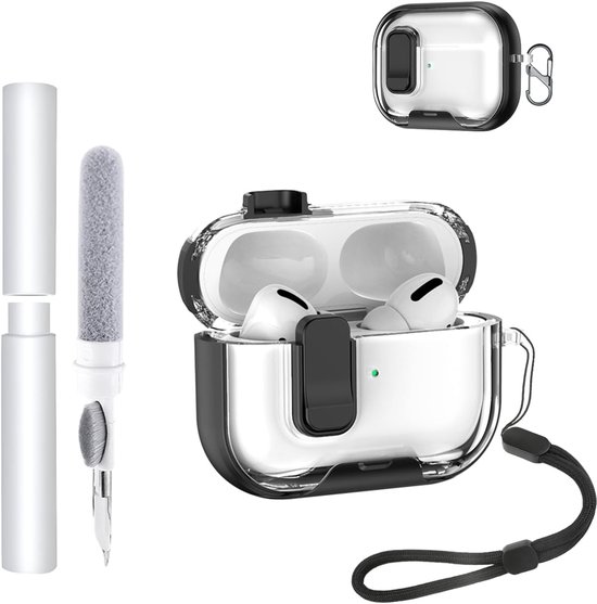 Hoes voor AirPods Pro 3/Pro3 oordopjes, zachte TPU + PC transparante cover, met beugelfunctie, waterdicht, schokbestendig, eenvoudig te dragen, met koord, sleutelhanger en reinigingsset, zwart