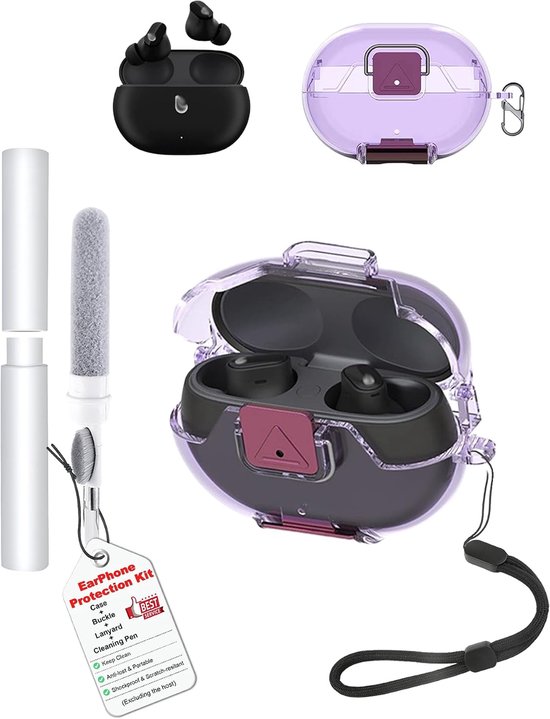 Hoes voor Beats Studio Buds oordopjes, toergy zachte TPU transparante cover, waterdicht, schokbestendig, krasbestendig, gemakkelijk te dragen, met sleutelkoord en sleutelhanger en reinigingsset (paars