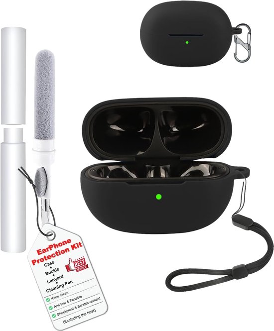 Hoes voor EarFun Clip 2 oordopjes, schokbestendig, waterdicht, zacht en slank, siliconen afdekking met koord, sleutelhanger en reinigingsset, zwart