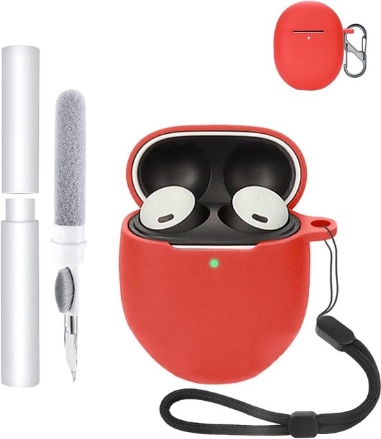 hoes voor Google Pixel Buds 2a oordopjes, schokbestendig, waterdicht, zacht en duurzaam, met koord, sleutelhanger en reinigingsgereedschap, rood