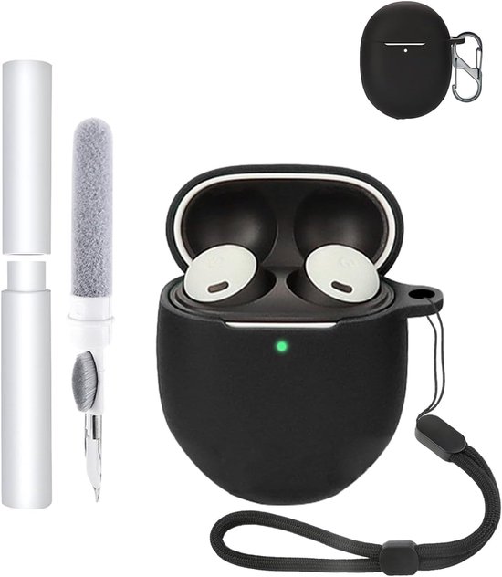 Hoes voor Google Pixel Buds 2a oordopjes, schokbestendig, waterdicht, zacht en duurzaam, met koord, sleutelhanger en reinigingsgereedschap, zwart