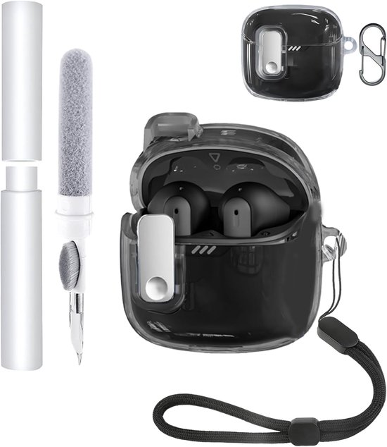Hoes voor JBL Tune Flex 2 oordopjes, zachte TPU transparante cover, waterdicht, schokbestendig, krasbescherming, eenvoudig te dragen, met koord, sleutelhanger en reinigingskit (transparant)