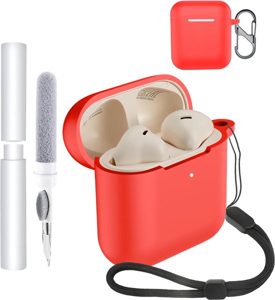 Hoes voor Marshall Minor IV oordopjes, schokbestendig, waterdicht, zacht en slank, siliconen afdekking met koord, sleutelhanger en reinigingsset, rood