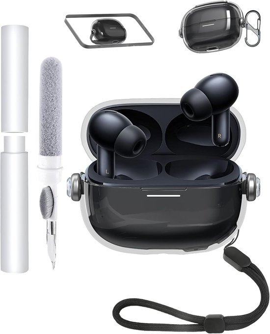 Hoes voor Xiaomi Redmi Buds 6 Pro, zachte TPU-hoes, waterdicht, schokbestendig, krasbescherming, eenvoudig te dragen, met koord, sleutelhanger, reinigingskit (transparant zwart)