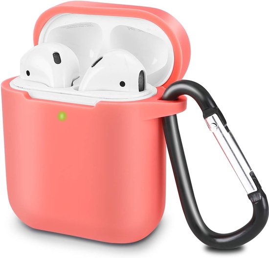 Hoesje compatibel met AirPods 2 & 1, siliconen schokbestendige hoes voor Airpods 2 & 1 led aan de voorkant, extra bescherming met karabijnhaak, koraaloranje