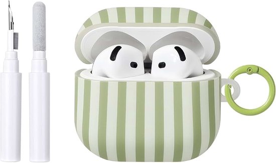 Hoesje compatibel met AirPods 4 met reinigingsset, schattig gestreept zacht TPU-esthetisch ontwerp voor meisjes en vrouwen, schokbestendige sleutelhanger hoes voor Airpods 4e generatie