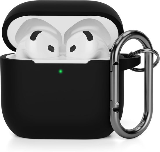 Hoesje compatibel met AirPods 4, schokbestendig, valbescherming, krasbestendig, siliconen hoes voor AirPods 4e generatie (2024) (USB-C) met karabijnhaak, LED aan de voorkant, zwart