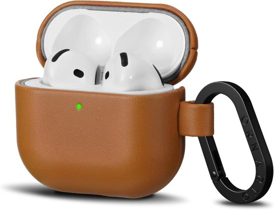Hoesje compatibel met AirPods 4, volledig beschermende lederen hoes met karabijnhaak voor AirPods 4e generatie (2024), zichtbare voorkant LED-karamelbruin