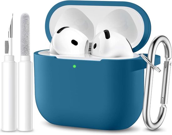 Hoesje compatibel met AirPods 4, zachte siliconen full body beschermhoes, schokbestendig hoesje met reinigingsset en karabijnhaak [LED zichtbaar], blauw