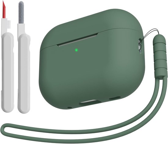 Hoesje compatibel met AirPods Pro 2 (2023/2022/2019) met reinigingsset en lanyard, zachte siliconen schokabsorberende beschermhoes voor AirPods Pro 2e/1e generatie, diepgroen