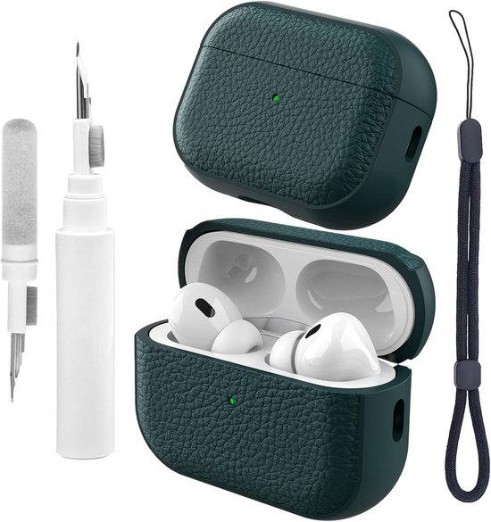 Hoesje compatibel met Airpods Pro 2 met reinigingsset, TPU beschermhoes compatibel met Airpods Pro 2e generatie met handriem, textuur ontwerp compatibel met Airpods Pro 2 hoes (donkergroen）