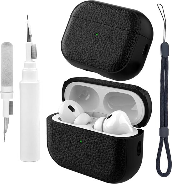 Hoesje compatibel met Airpods Pro 2 met reinigingsset, TPU beschermhoes compatibel met Airpods Pro 2e generatie met handriem, textuur ontwerp compatibel met Airpods Pro 2 hoes (zwart)