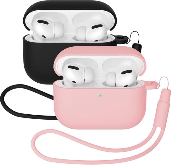 Hoesje compatibel met AirPods Pro 3 (2025), beschermende siliconen hoes voor AirPods Pro 3nd, zachte huid voorkant led zichtbaar siliconen hoesje (roze/zwart) - 2 stuks