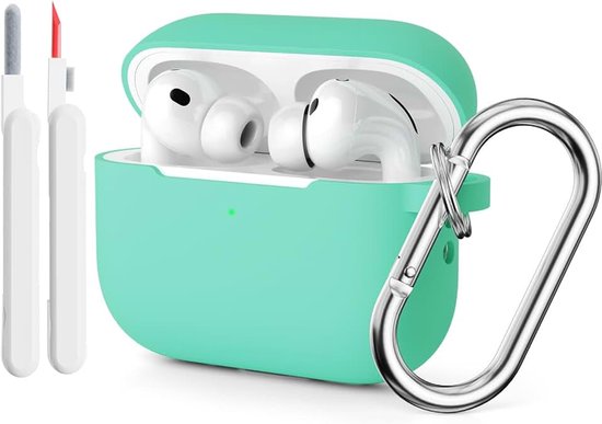 Hoesje compatibel met AirPods Pro 3 (2025), beschermhoes voor AirPods Pro 3 generatie met reinigingsstift, stootvaste siliconen hoes kit en karabijnhaak (mintgroen)